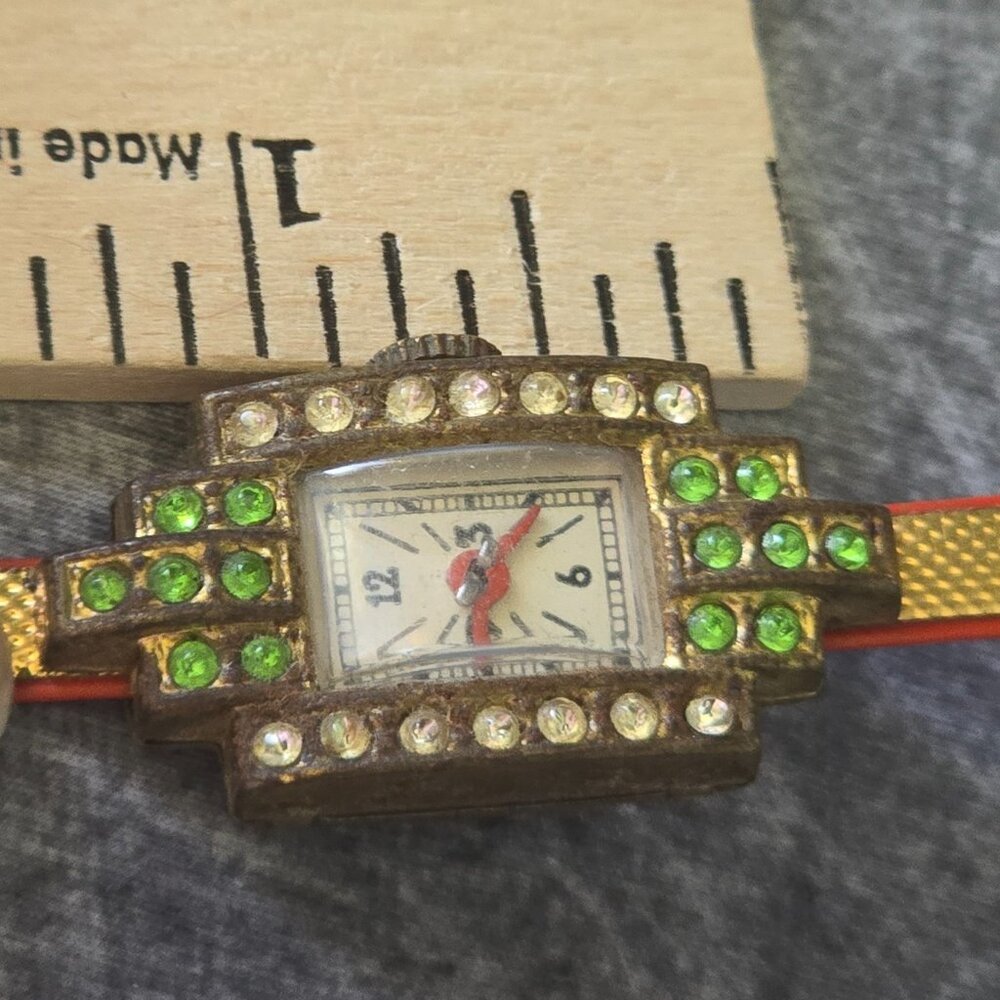 Vintage ESCO Esko Toy Wrist Watch Red Band Green Rhinestone Novelty 1930s 1940s - Picture 16 of 16